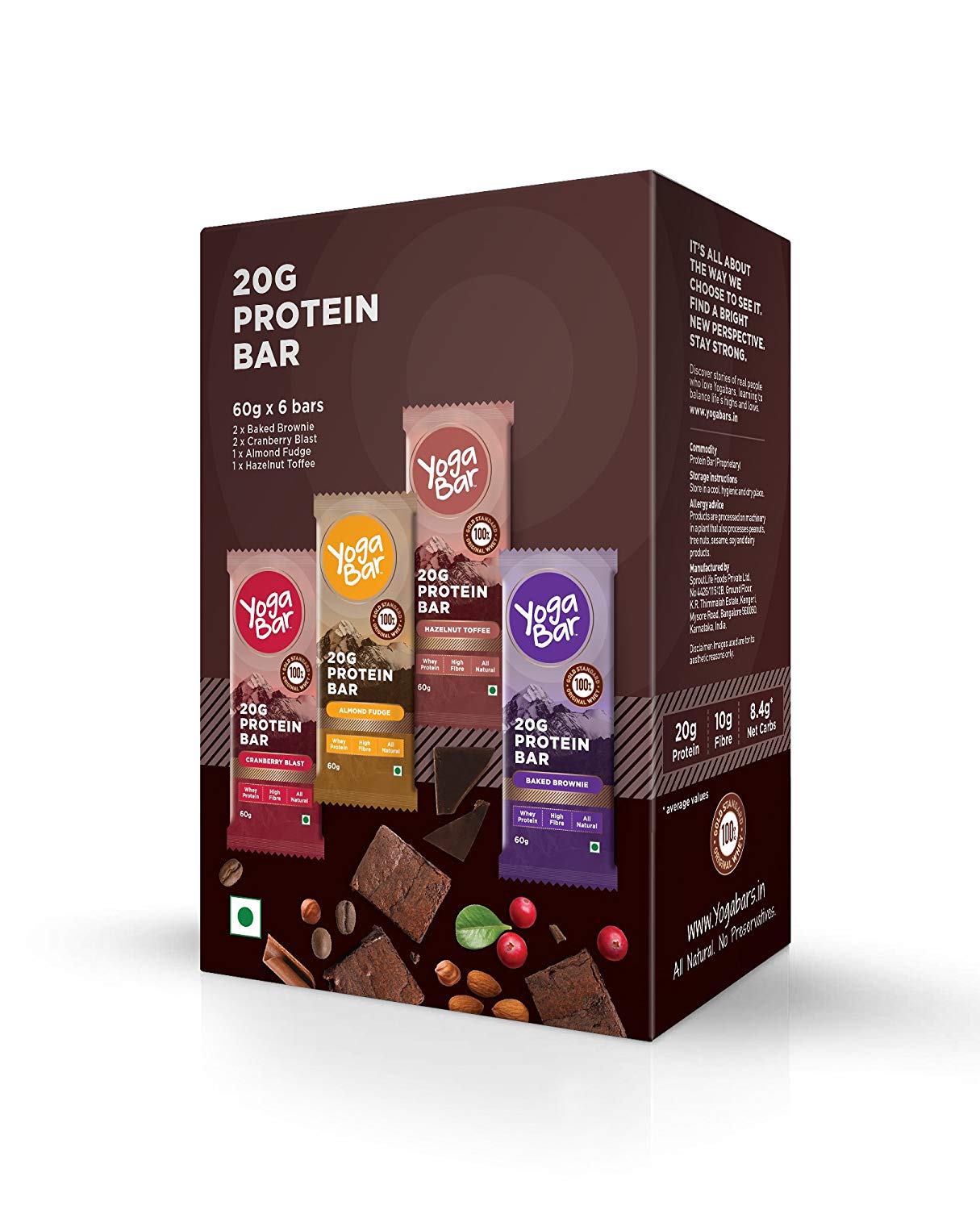 Yogabar Protein Variety Box -360gm (Chocolate Brownie, Cranberry, Almond Fudge, Hazlenut, Pack of 6, 60gm x 6 Bars)
